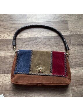 IMO Vintage Patchwork Suede Shoulder Bag With Gold-Tone Turn Lock Closure